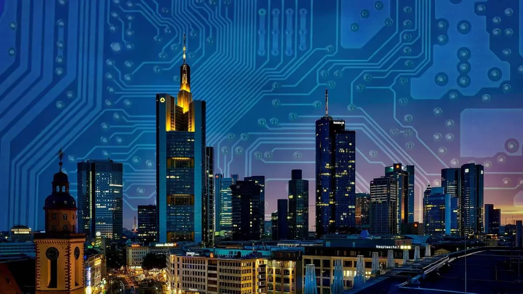 Pohled na moderní české město s integrovanými chytrými technologiemi řízení dopravy, osvětlení a senzorů. Ukazuje, jak se Smart city v Česku rozvíjí.