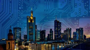 Pohled na moderní české město s integrovanými chytrými technologiemi řízení dopravy, osvětlení a senzorů. Ukazuje, jak se Smart city v Česku rozvíjí.