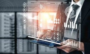 Futuristische Visualisierung eines KI-gestützten Dashboards in einem Unternehmen