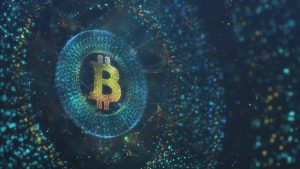 Infrastruktura blockchainowa z ikoną bitcoina.